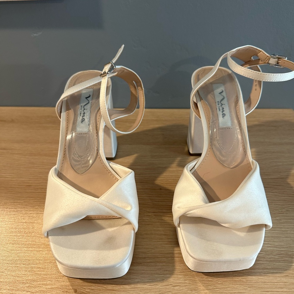 Nina Stacy Platform Heel in Ivory Satin